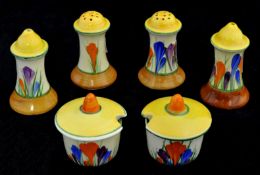 Clarice Cliff Crocus, two salt and pepper pots and two mustard pots (6)