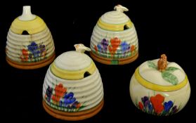 Four Clarice Cliff Crocus honey pots