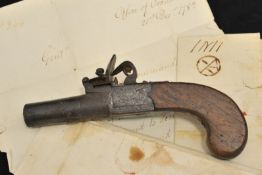 A 19th century pocket pistol and three 18th century letters dated 1782.