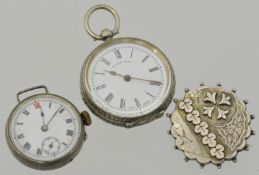 Ladies silver fob watch, `red 12` wrist watch t/w Victorian silver brooch
