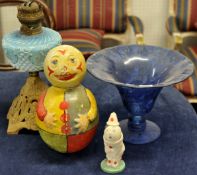 Art glass blue centrepiece, Carlton Pierrot doll, novelty skittle and Victorian oil lamp (4)