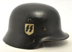 German double decal SS black steel helmet with two decals markings on helmet and strap, dated 1940