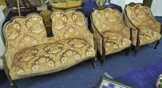 Edwardian upholstered three piece salon suite with mahogany effect inlaid frame