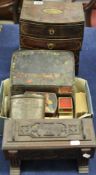 Two Buchanan biscuit tin drawers, other tins, various cigarette cards including signed photo cards