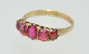 9ct gold five stone ruby style set ring, size Q