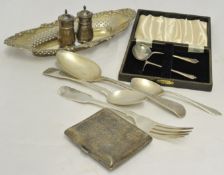 Silver cigarette case, pair of silver pepper pots, pierced silver dish, three silver spoons and a