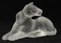 A Lalique frosted glass Lioness Samba, approx 14cm high x 24.50cm long
