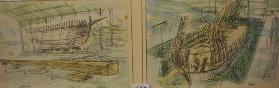 Collection of pencil and watercolour sketches by G. Clarke depicting the construction of Mayflower