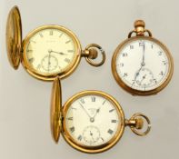 Two gold plated full hunter pocket watches and an open face gold plated pocket watch including