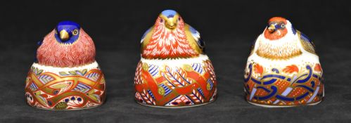 Two Royal Crown Derby Paperweights, Bullfinch Nesting and Goldfinch Nesting, 1996, silver stoppers