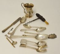Various silver spoons, silver port label, silver Christening mug, Victorian corkscrew, approximately