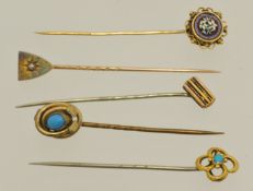 Five yellow metal stick pins including micro mosaic