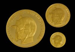 A set of 3 gold Battle of Britain Commemorative coins, stamped A.Games, approx 71g, No 0292, in box