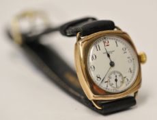 Waltham gold plated cushion case wrist watch with second sub dial and `red twelve`