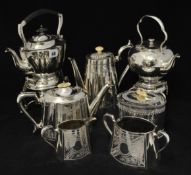 Two silver plated spirit kettles together with four piece silver plated tea service and similar