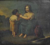 Victorian School oil on panel painting `Mother and Child with Greek Urn` in gilt frame , 23cm x