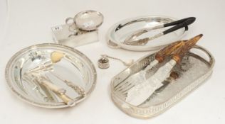 Pair of horn and silver plated servers with etched decoration and silver mounts t/w two other