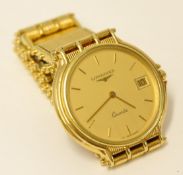 Longines small Gents gold plated quartz date wrist watch (boxed)