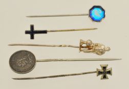 Five various stick pins including Nazi 1939 cross, Drake etc