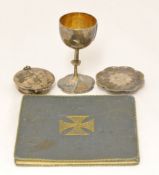 Victorian silver three piece communion set with box etc