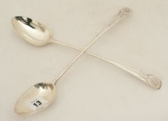 Pair of Georgian silver and bright cut serving spoons, 30cm long, 170g