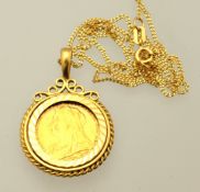 A Victoria half 1899 sovereign mounted in a gold pendant on fine chain
