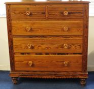 Victorian pitch pine chest having three long and two short drawers, 120cm high