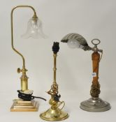 Three various brass and wood desk lamps, the tallest 54cm (3)