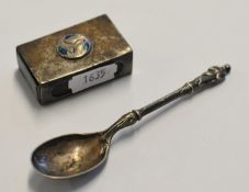Single silver Apostle spoon and silver and enamel Arts and Crafts style match holder
