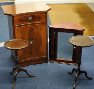 Two small reproduction wine tripod tables, mahogany side cabinet and small hanging modern corner