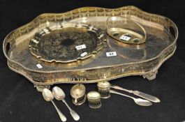 Various silver plated wares including a large serving tray with pierced gallery and handles 56cm,