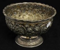 Edwardian silver rose bowl with embossed flower and scroll decoration, London circa 1900,