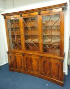 Reproduction mahogany triple door library bookcases, 170cm wide with interior wood shelves and