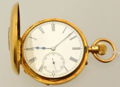 An 18ct gold half hunter pocket watch with keyless movement, the dial with roman numerals and sub