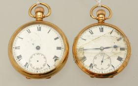 A 9ct gold open face pocket watch with presentation inscription 1928, with Swiss movement, a/f,