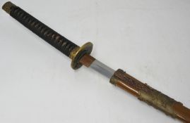 Japanese 20th century Katana Sword in brown scabbard, applied metal decoration, 102cm