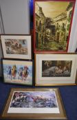 Five various pictures including print Richard Clark `The Last Run`,  hunting print, modern oil on