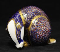Royal Crown Derby Paperweight Badger, gold stopper 8cm