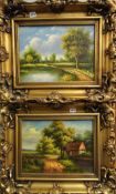 A pair 20th century reproduction oil painting of Victorian style in heavy gilt frames and another