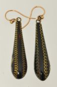 Pair Victorian pique drop earrings, approximately 40mm long