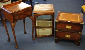 A table top display cabinet 39cm , a burr walnut side table and a reproduction two drawer chest.