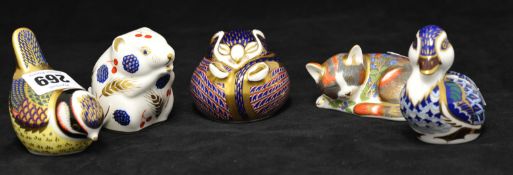 Five Royal Crown Derby Paperweights including Catnip Kitten Collectors Guild 1997, two small
