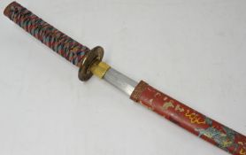 Japanese 20th century Katana Sword painted scabbard decorated with animals, 100cm