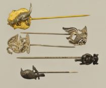 Five silver stick pins including fish and kangaroo