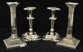 Pair silver plated candlesticks, Corinthian column design, 21cm, together with a pair of ornate