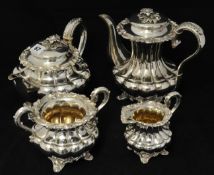 Four piece silver plated tea service, decorated with scrollwork and acanthus leaves
