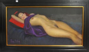 PIRAN BISHOP (born 1961) signed oil on canvas `Reclining Woman with Cushion` inscribed to verso `