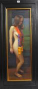 PIRAN BISHOP (born 1961) signed oil on canvas `Woman with Scarf` in a black frame 89cm x 29cm