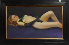 PIRAN BISHOP (born 1961) signed oil on canvas `Reclining Nude Woman with Gloves` in a black frame,
