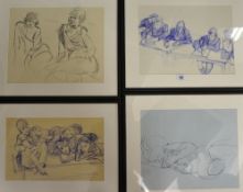 ROBERT LENKIEWICZ (1941- 2002) four various drawings, in biro, in black frames, largest 32cm x 26.